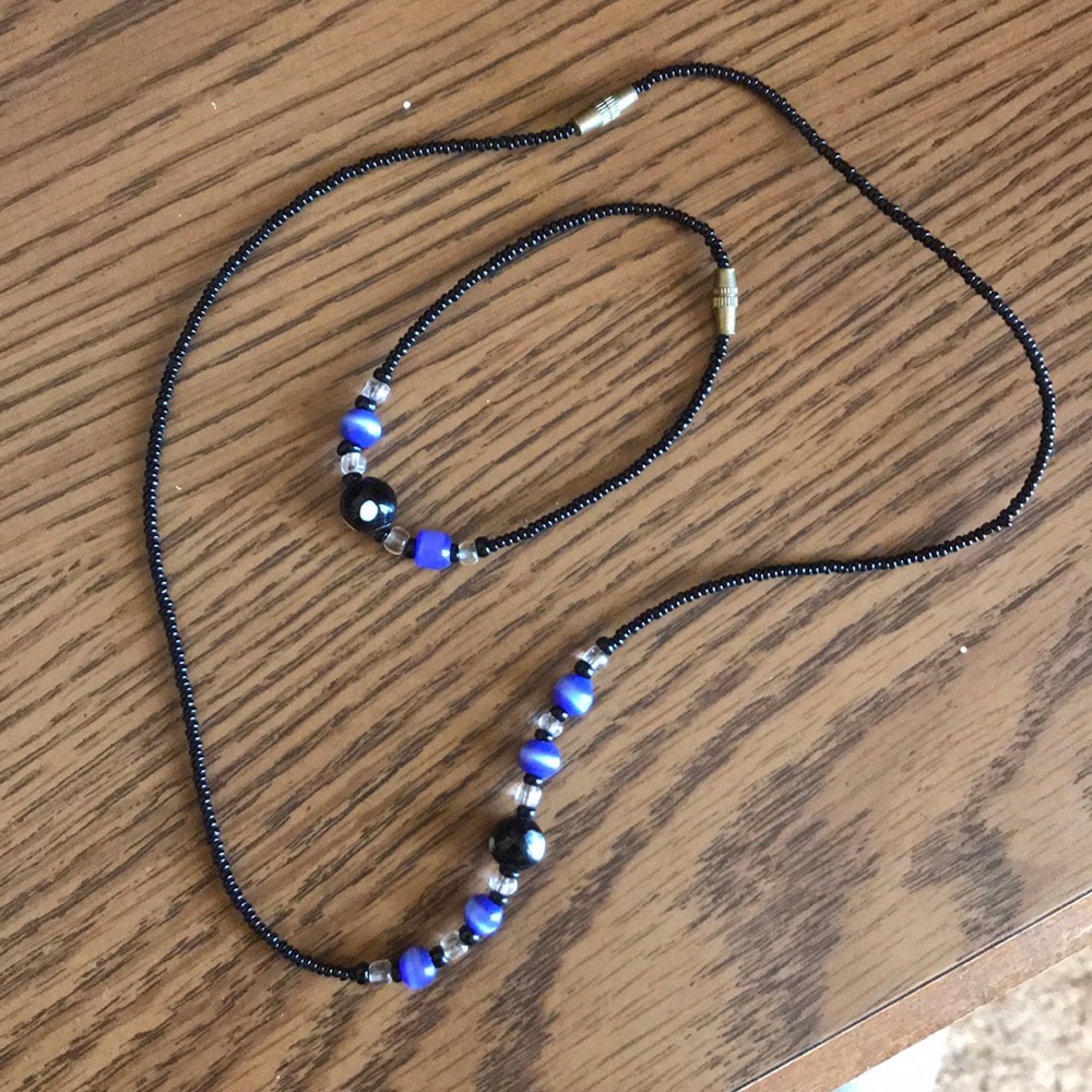 Blue and black beaded necklace and bracelet